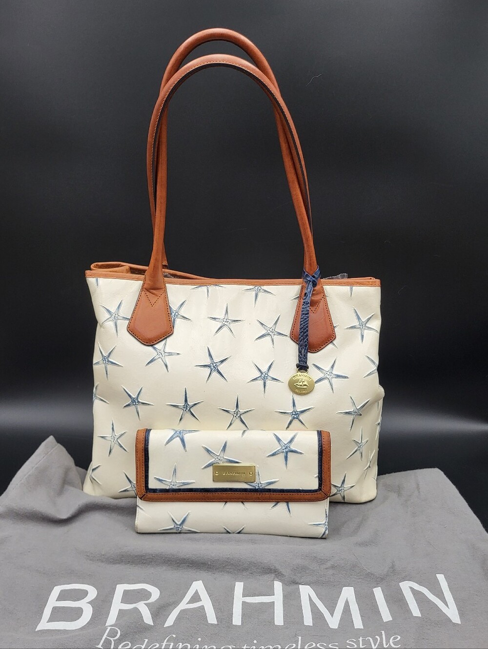 RARE - Brahmin Anytime Tote & Soft Checkbook  "Blue Atlantic"